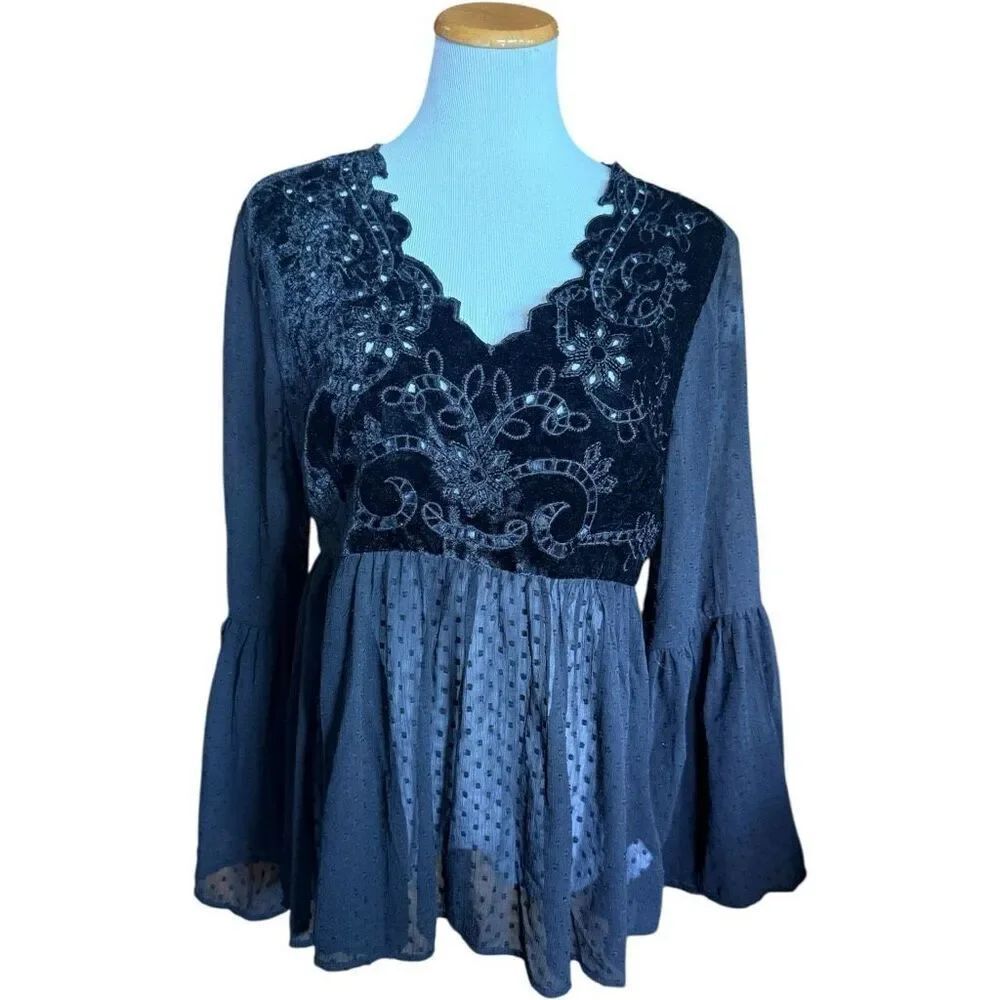 Womens Vintage Kyra Swiss Dot & Black Lace Semi Sheer Bell Sleeve Top - Sz XL